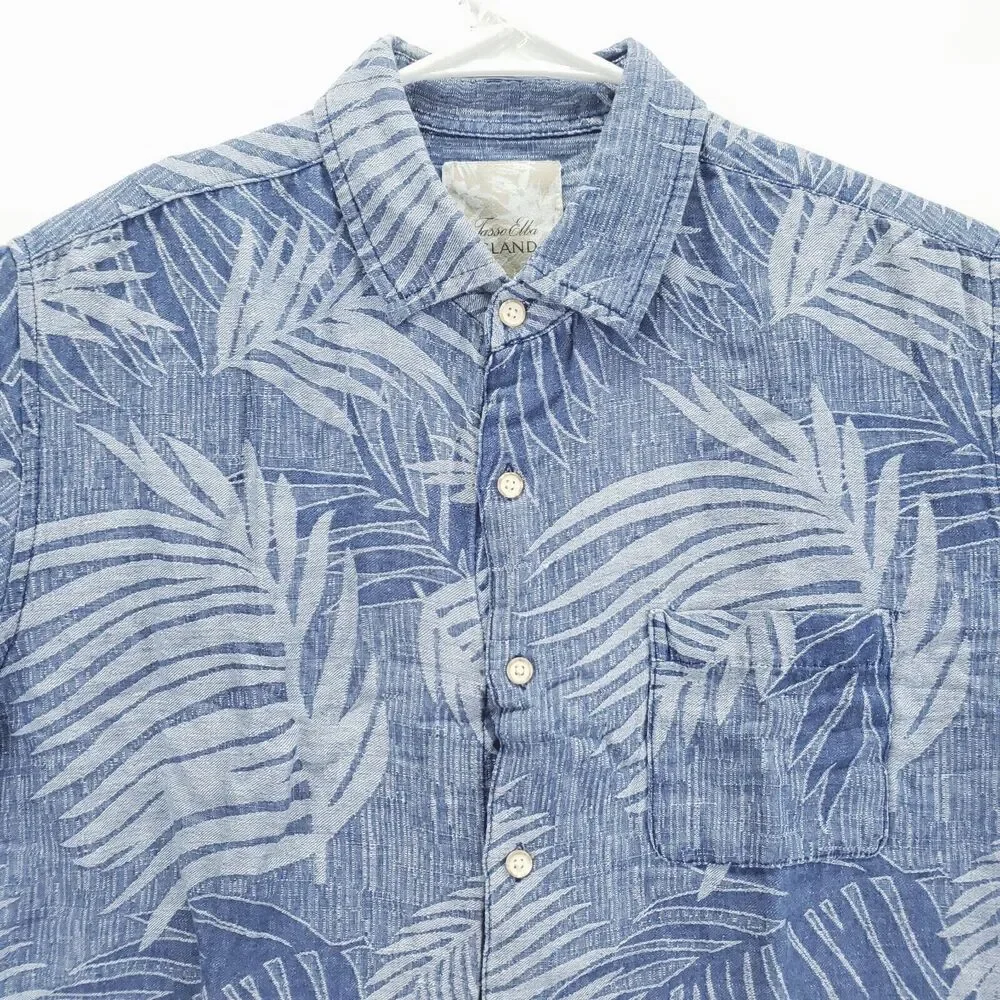 Tasso Elba Shirt Mens Large Blue Silk Linen Hawaiian Tropical Classic Button-Up